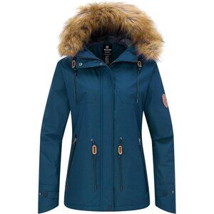 Women's Waterproof Navy Blue Snow Ski Jacket Hooded Coat Snowboarding Fleece